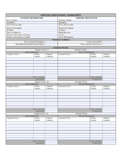 Printable Middle School Transcript に対する画像結果