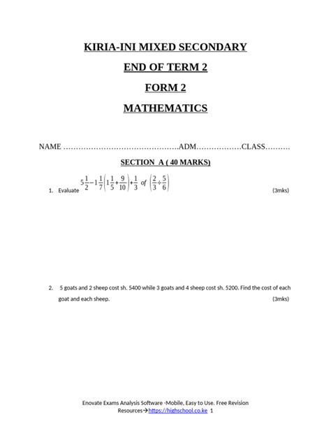Image result for Form 2 Maths Topics