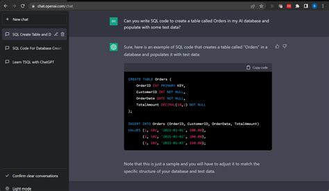 Chat GPT Creating SQL Code に対する画像結果