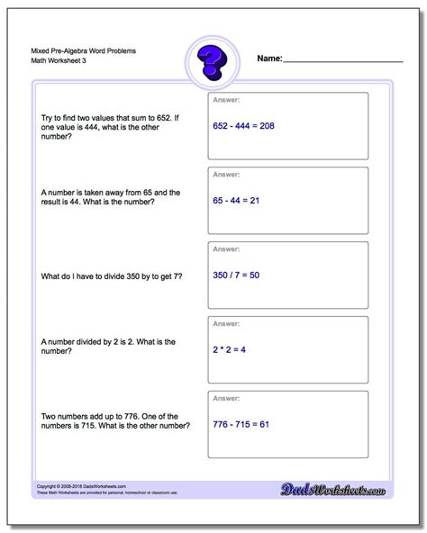 Toradh íomhá ar Algebraic Word Problems Worksheet