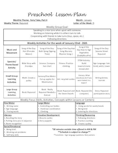 Image result for Weekly Lesson Plan for Preschool Sample