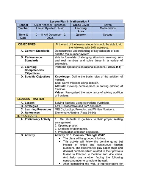 Image result for Sample CBLI Lesson Plan in Math