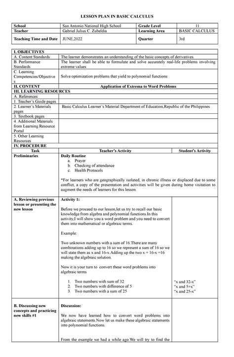 Image result for Sample CBLI Lesson Plan in Math