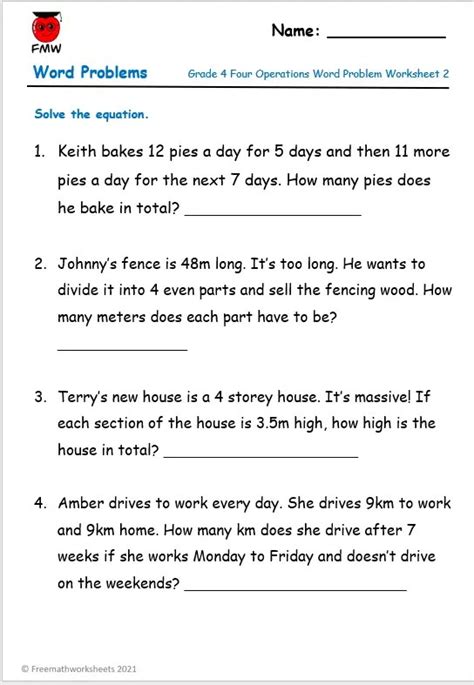 Image result for Grade 4 Math Worksheets Word Problems