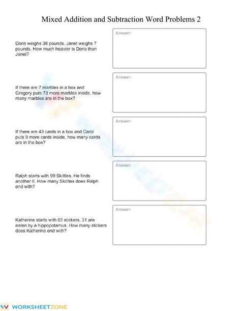 Adding and Subtracting Word Problem Worksheet に対する画像結果