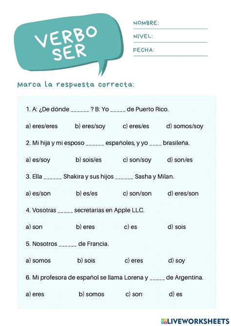 Image result for Ser Spanish Worksheet