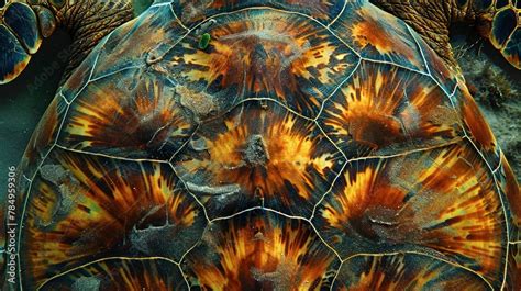 Sea turtle shell patterns, close-up, ground-level shot, ancient mariner ...