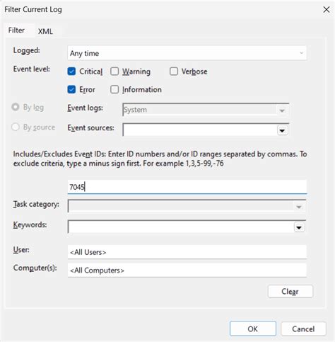 Toradh íomhá ar Configuring a Log Filter in Event Viewer