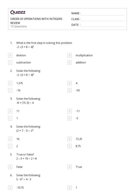 Image result for Integer Order of Operations Worksheet Answers