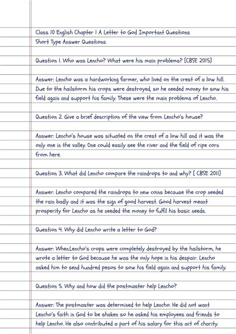 Class 10 English Chapter 1 a Letter to God Most Question に対する画像結果