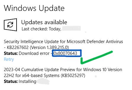 Afbeeldingsresultaten voor Windows 1.0 Error Code 0X80070643
