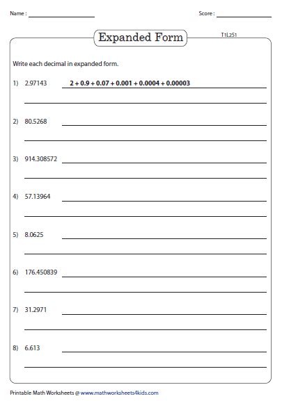 Expanded Form Decimals Worksheet