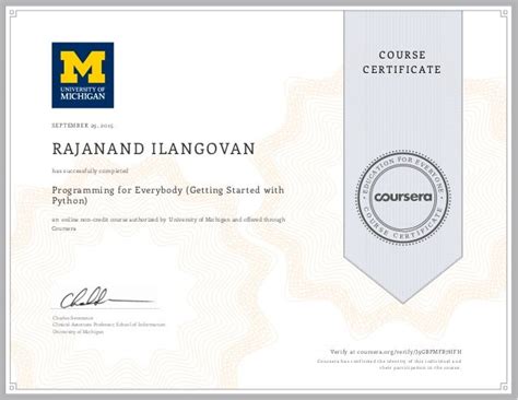 Image result for Coursera Python Michigan University Certficate
