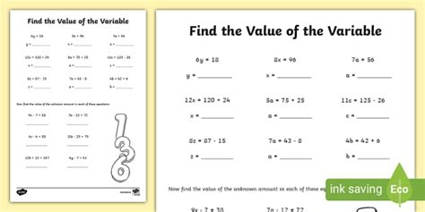 Representing Values Using Variables Worksheet に対する画像結果