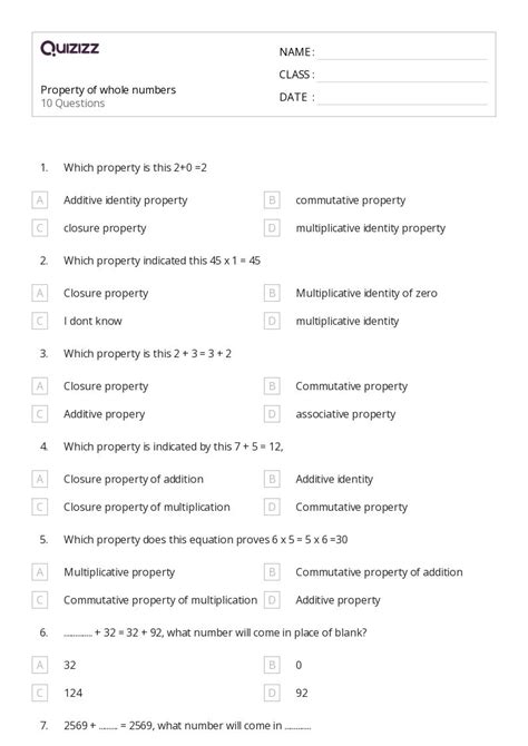 Afbeeldingsresultaten voor Class 6 Whole Numbers Properties Worksheet