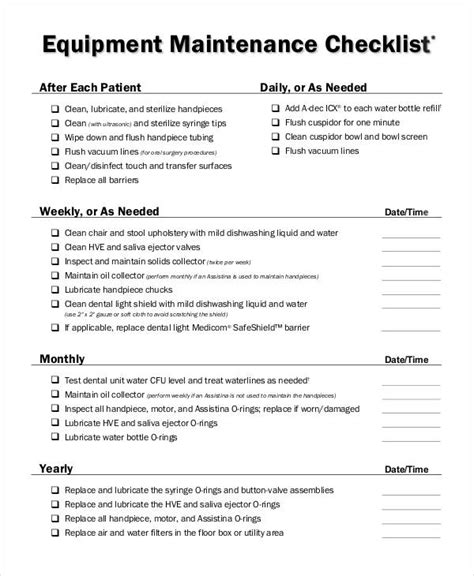 Afbeeldingsresultaten voor Maintenance Checklist Format