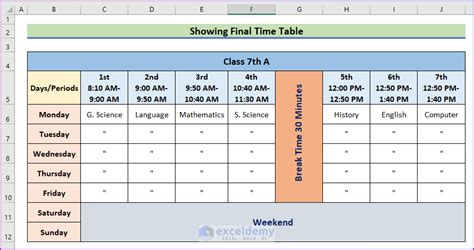 Image result for Class Time Table Sheet