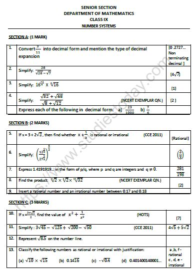 Toradh íomhá ar Number System Worksheet Class 9 20 Questions