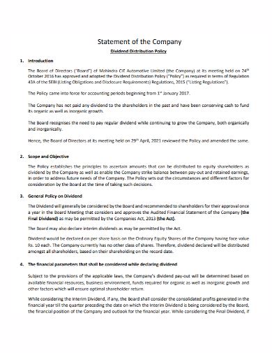 Image result for Dividend Statement Example