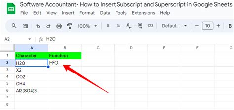 Toradh íomhá ar Subscript in Google Sheets