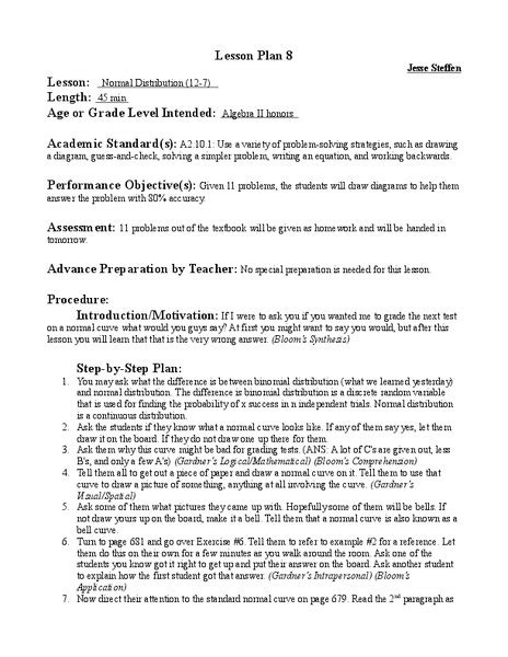 Toradh íomhá ar Lesson Plan Sample Normal Distribution