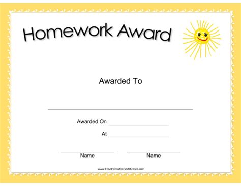 Homework Award Certificate Printable Certificate - Worksheets Library