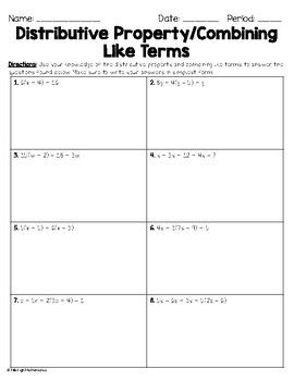 Image result for Class Work Combining Like Terms and Distributive Property Worksheet Answers
