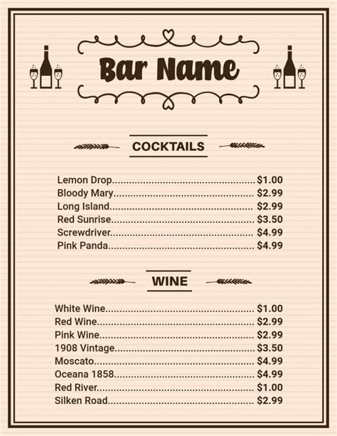 Image result for Sample Food Bar Menu