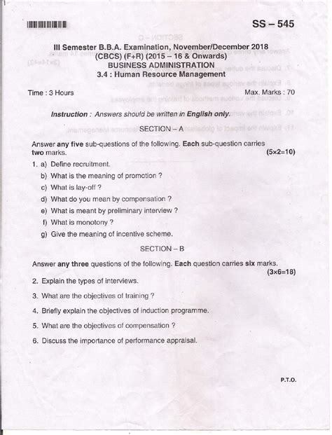 Toradh íomhá ar Question Paper BBA Human Resource Management