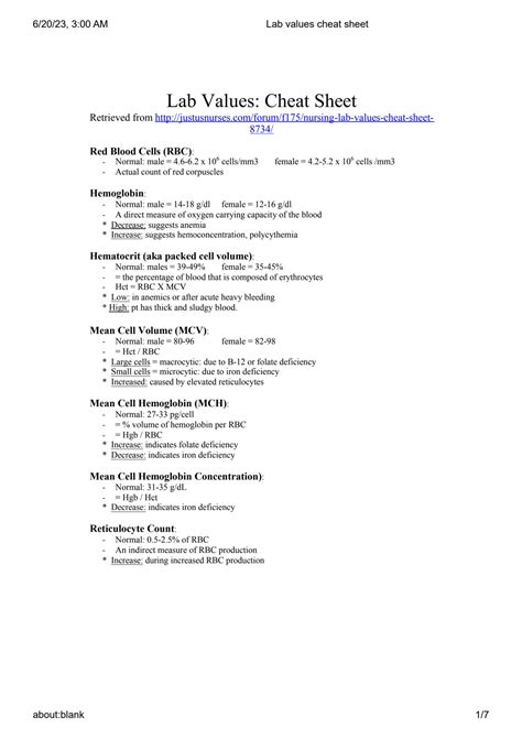 Image result for Lab Values Cheat Sheet