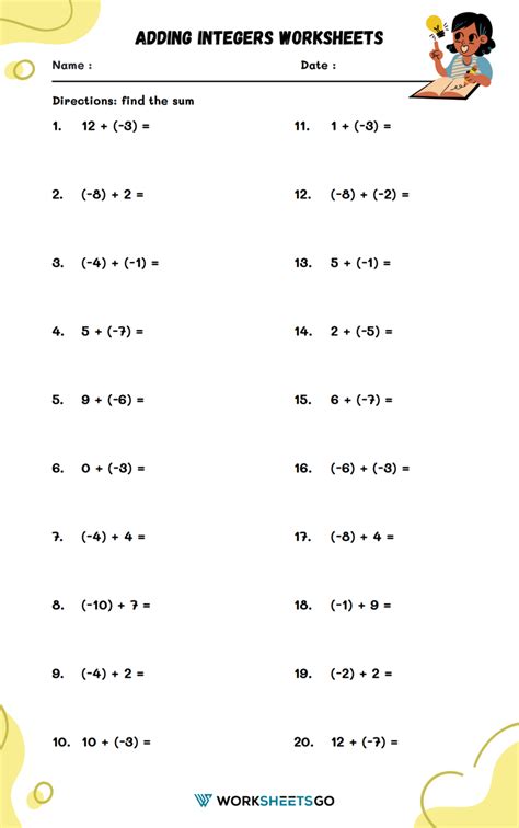 Toradh íomhá ar Worksheet About Integers