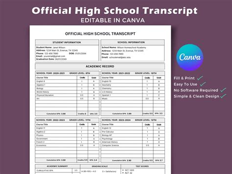 Image result for Printable High School Transcript