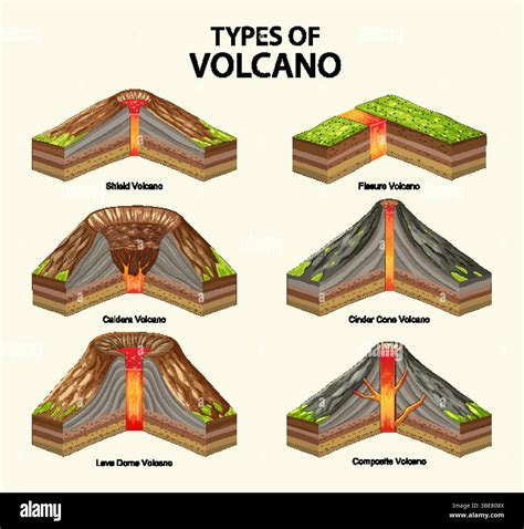 Detailed vector illustration of six volcano types with cross-sections ...