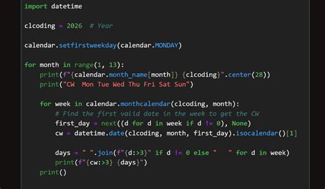 Toradh íomhá ar Python Print an Annual Calendar Code
