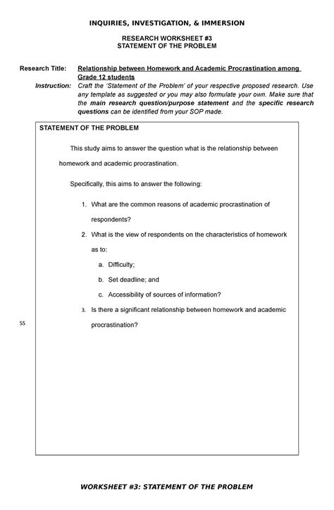 Image result for Academic Study Worksheet Problem Statement