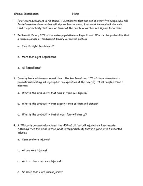 Image result for AP Statistics Binomial Distribution Worksheet