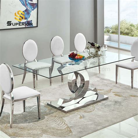 Rectangular Clear Glass Dining Table 6 Seater with Stainless Steel ...