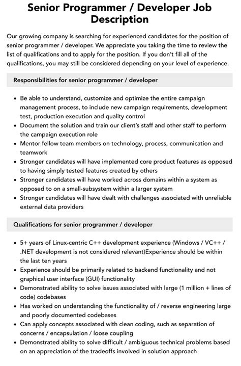 Image result for Senior Programmer Job Description Summary Examples