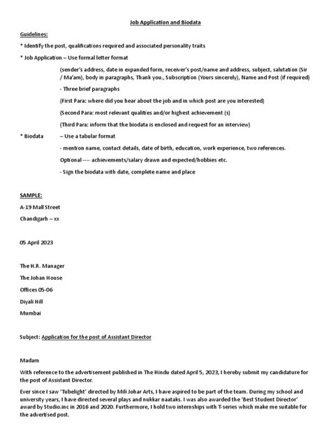 Job Application & Bio Data Notes & Sample | PDF