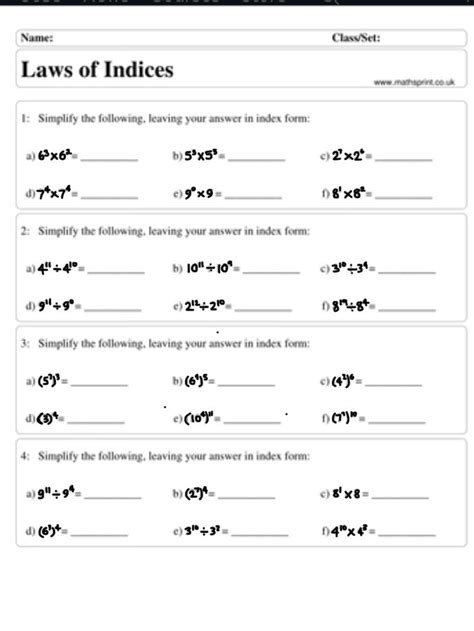 Image result for Index Laws 1 and 2 Worksheet