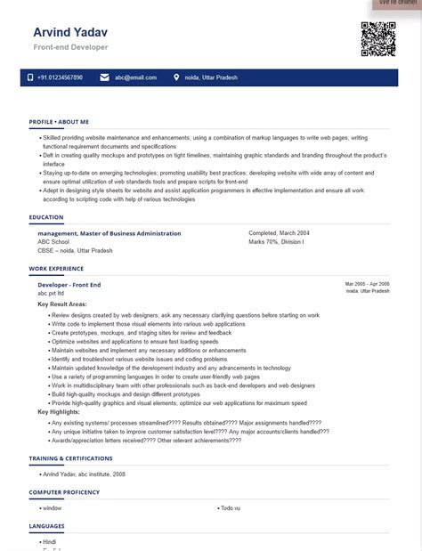 Image result for Front End Developer Resume Sample