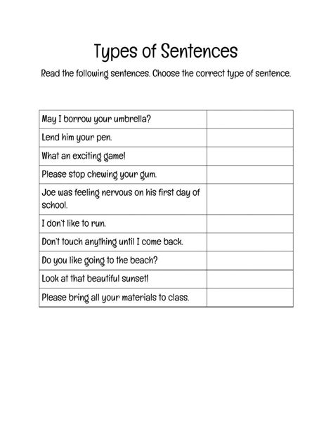 Image result for Identifying Sentence Types Worksheet