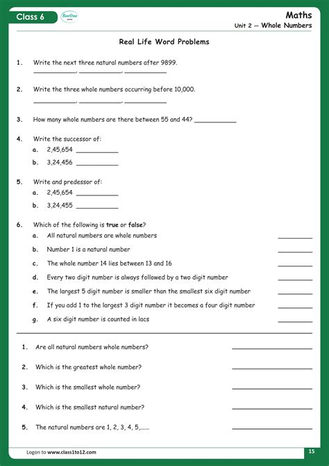 Image result for Worksheet of Whole Numbers for Class 6