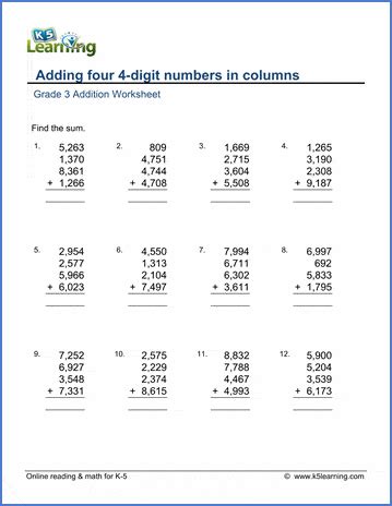 Image result for Four-Digit and Three Columns Addition Worksheet