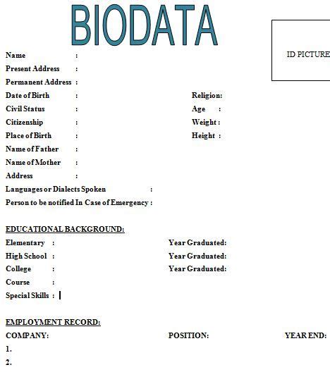 Image result for Simple Biodata Sample Form