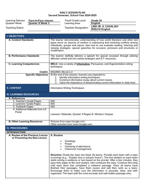 Toradh íomhá ar Daily Lesson Plan Sample
