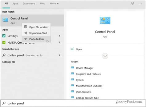 Image result for Control Panel On Taskbar