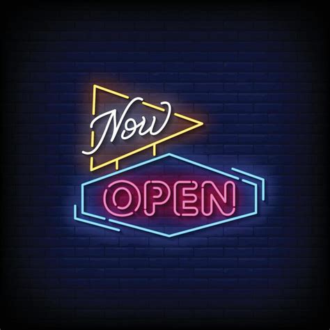 Neon Sign now open with brick wall background vector 22319658 Vector ...