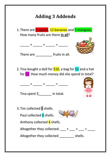 Résultat d’images pour 3 Addends Addition Worksheet