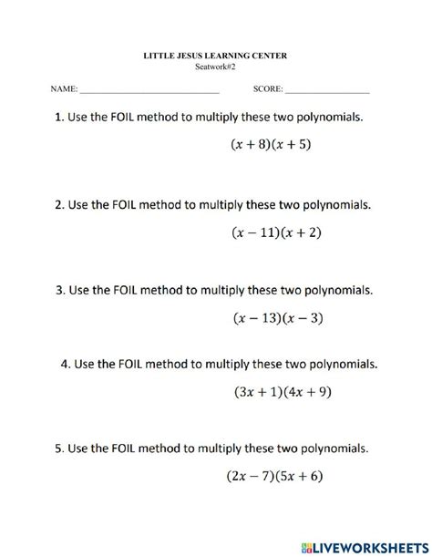 FOIL Method Algebra Worksheet に対する画像結果